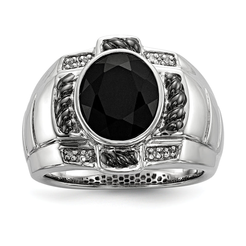 Sterlingsilber Weiß Nacht Schwarz Rhodiniert Diamant und Onyx Oval Herren Ring