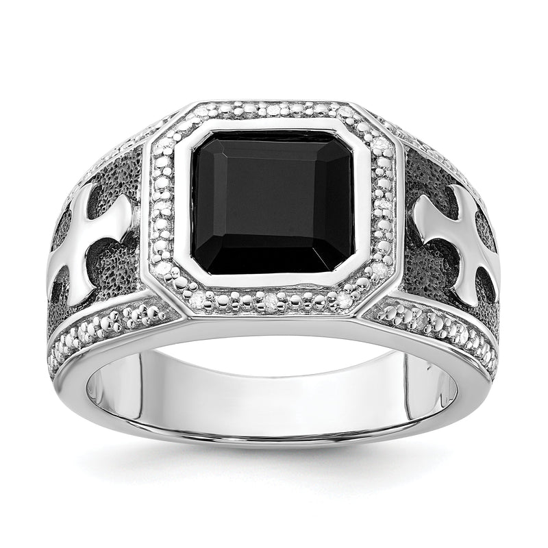 Sterlingsilber Weiß Nacht Schwarz Rhodiniert Diamant und Onyx Kreuz Herren Ring