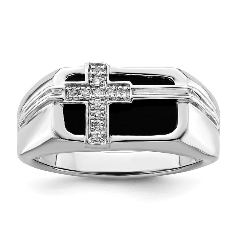 Sterlingsilber Weiß Nacht Rhodiniert Diamant und Schwarz Onyx Kreuz Herren Ring