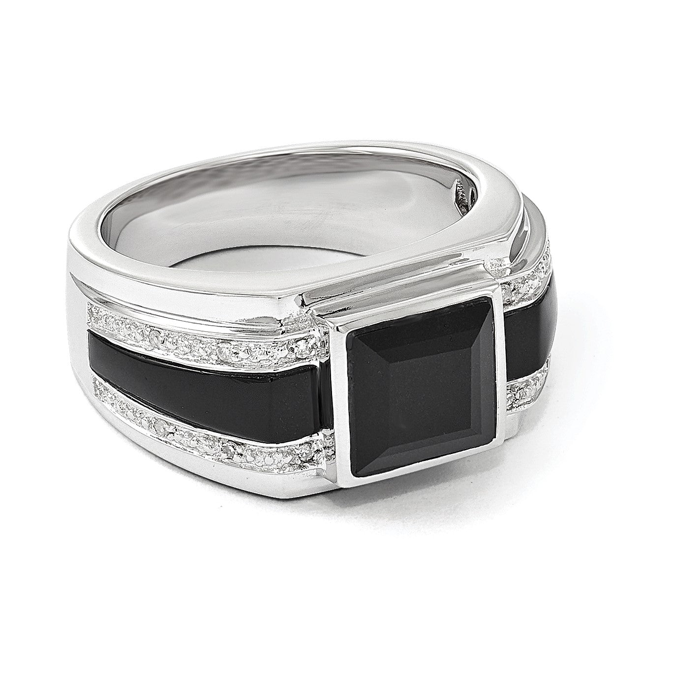Sterlingsilber Weiß Nacht Rhodiniert Diamant und Onyx Herren Ring