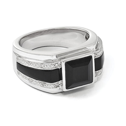 Sterlingsilber Weiß Nacht Rhodiniert Diamant und Onyx Herren Ring