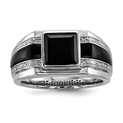 Sterlingsilber Weiß Nacht Rhodiniert Diamant und Onyx Herren Ring