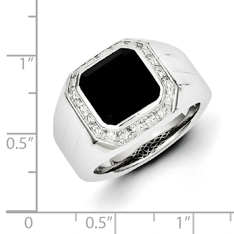 Sterlingsilber Weiß Nacht Rhodiniert Diamant und Schwarz Onyx Quadratisch Herren Ring