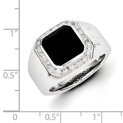 Sterlingsilber Weiß Nacht Rhodiniert Diamant und Schwarz Onyx Quadratisch Herren Ring