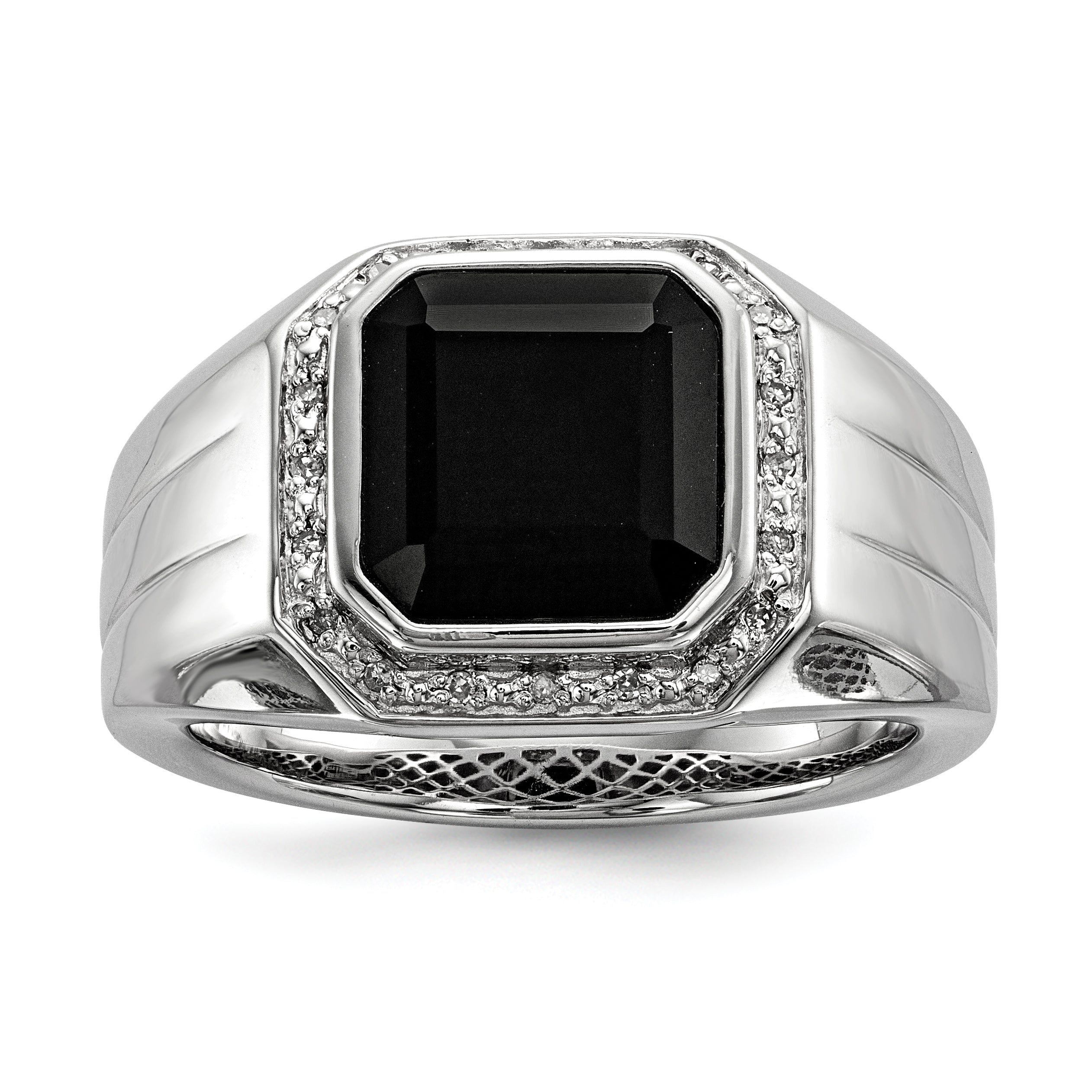 Sterlingsilber Weiß Nacht Rhodiniert Diamant und Schwarz Onyx Quadratisch Herren Ring