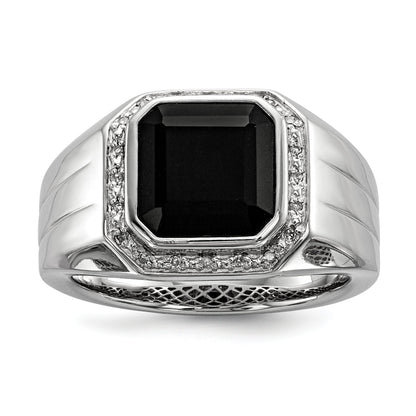 Sterlingsilber Weiß Nacht Rhodiniert Diamant und Schwarz Onyx Quadratisch Herren Ring