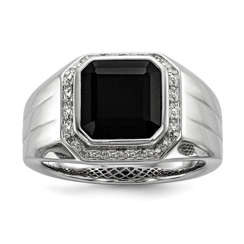 Sterlingsilber Weiß Nacht Rhodiniert Diamant und Schwarz Onyx Quadratisch Herren Ring
