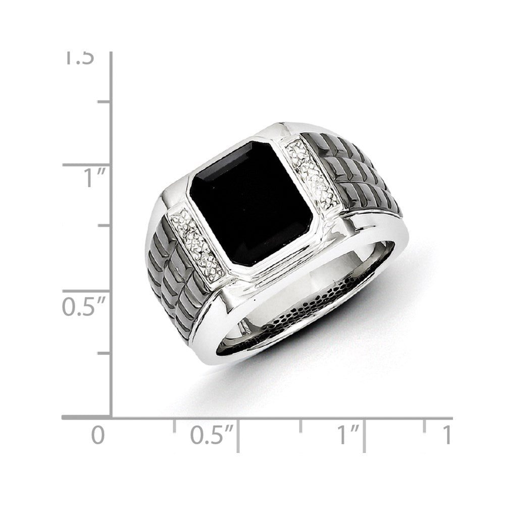 Sterlingsilber Weiß Nacht Schwarz Rhodiniert Diamant und Onyx Quadratisch Herren Ring
