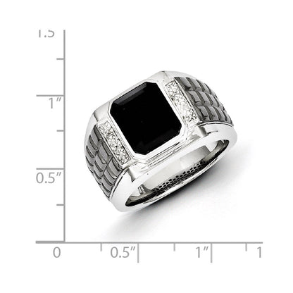 Sterlingsilber Weiß Nacht Schwarz Rhodiniert Diamant und Onyx Quadratisch Herren Ring