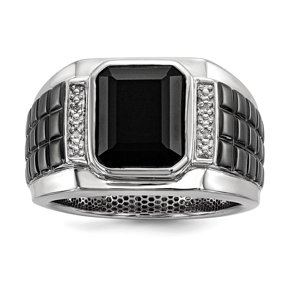 Sterlingsilber Weiß Nacht Schwarz Rhodiniert Diamant und Onyx Quadratisch Herren Ring