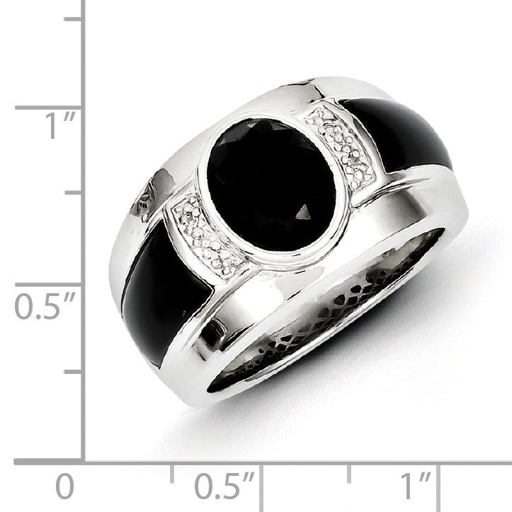 Sterlingsilber Weiß Nacht Rhodiniert Diamant und Onyx Herren Ring
