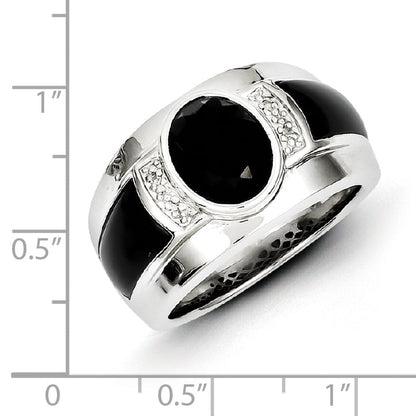 Sterlingsilber Weiß Nacht Rhodiniert Diamant und Onyx Herren Ring