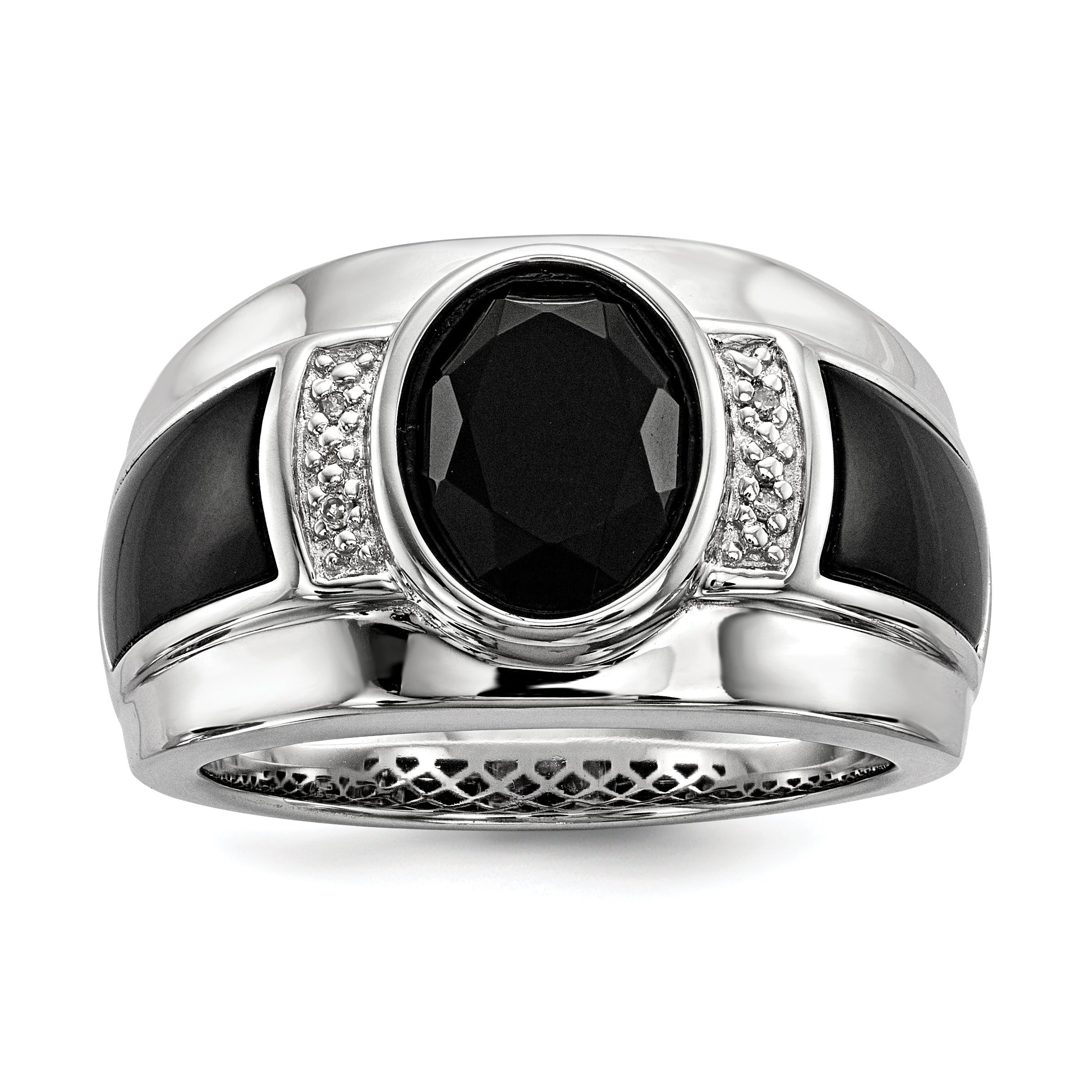 Sterlingsilber Weiß Nacht Rhodiniert Diamant und Onyx Herren Ring