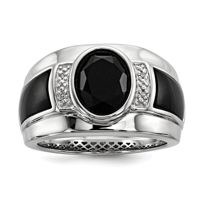 Sterlingsilber Weiß Nacht Rhodiniert Diamant und Onyx Herren Ring