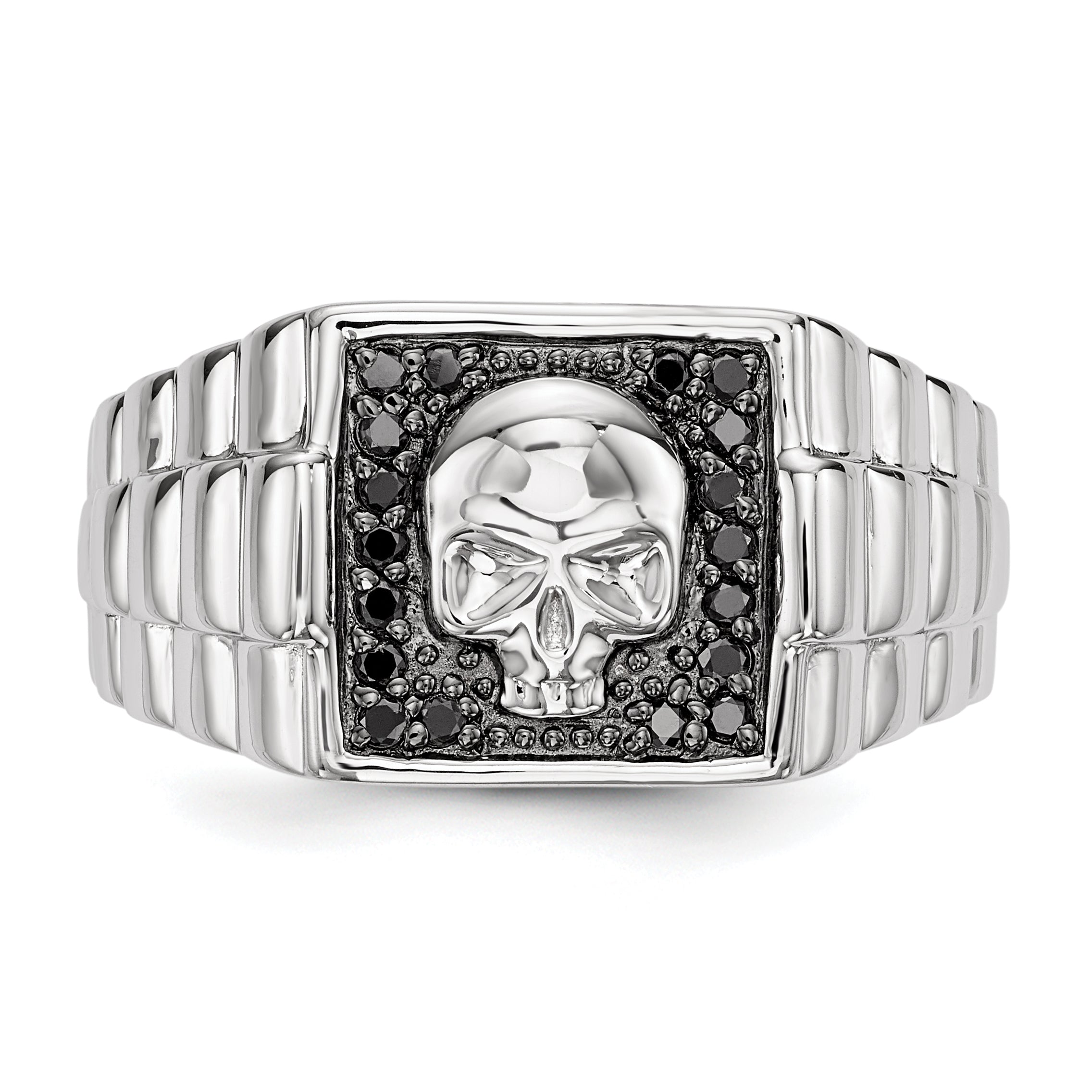 Sterlingsilber Weiß Nacht Rhodiniert Schwarz Diamant Quadratisch Totenkopf Herren Ring