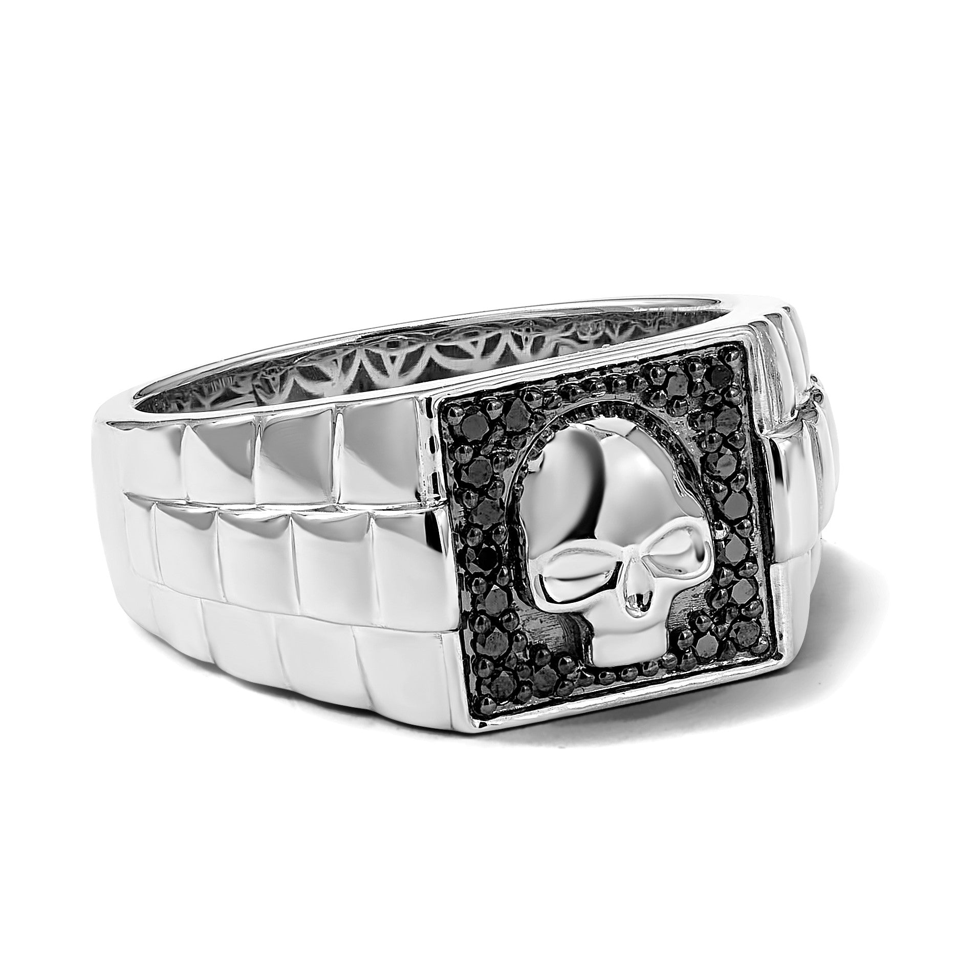 Sterlingsilber Weiß Nacht Rhodiniert Schwarz Diamant Quadratisch Totenkopf Herren Ring