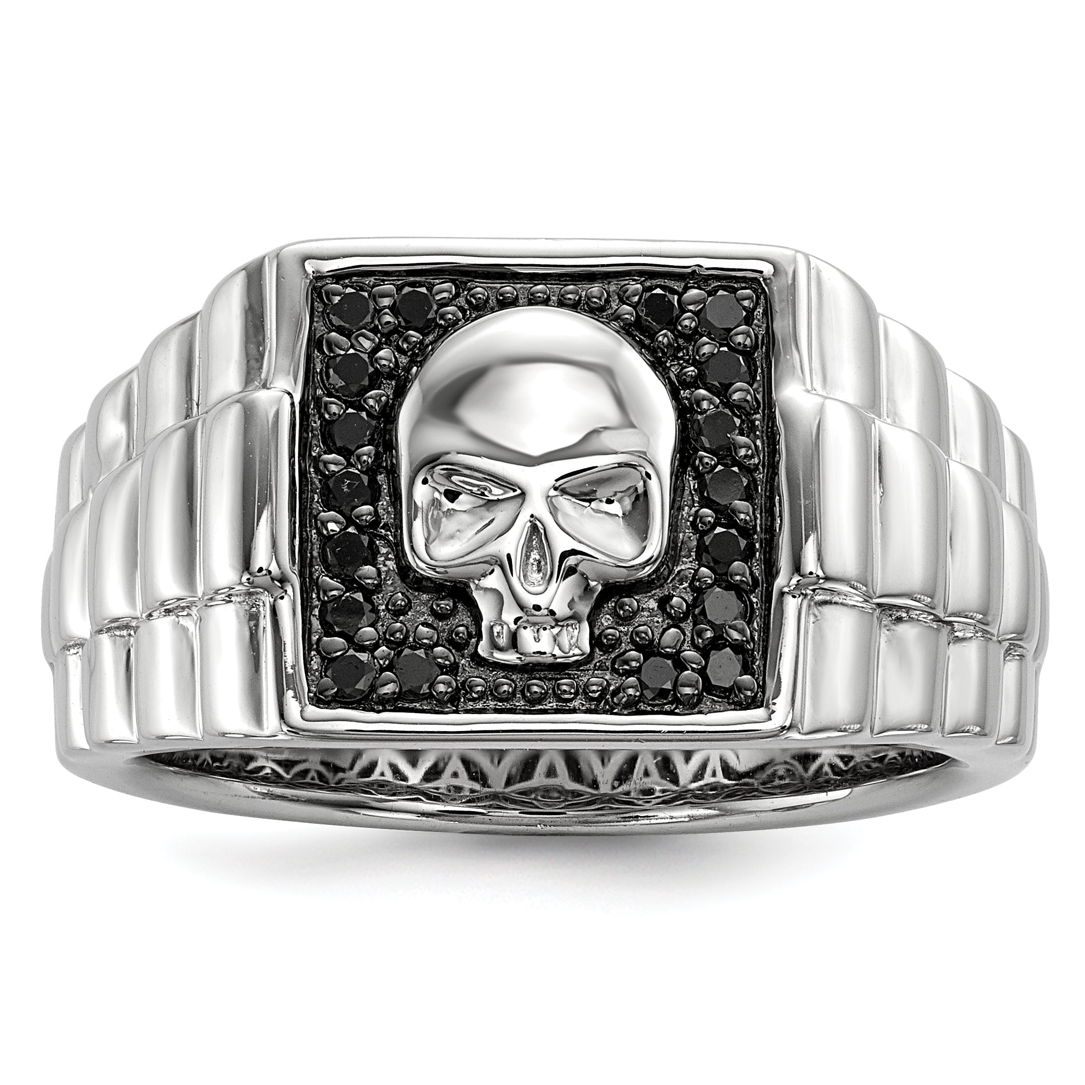 Sterlingsilber Weiß Nacht Rhodiniert Schwarz Diamant Quadratisch Totenkopf Herren Ring