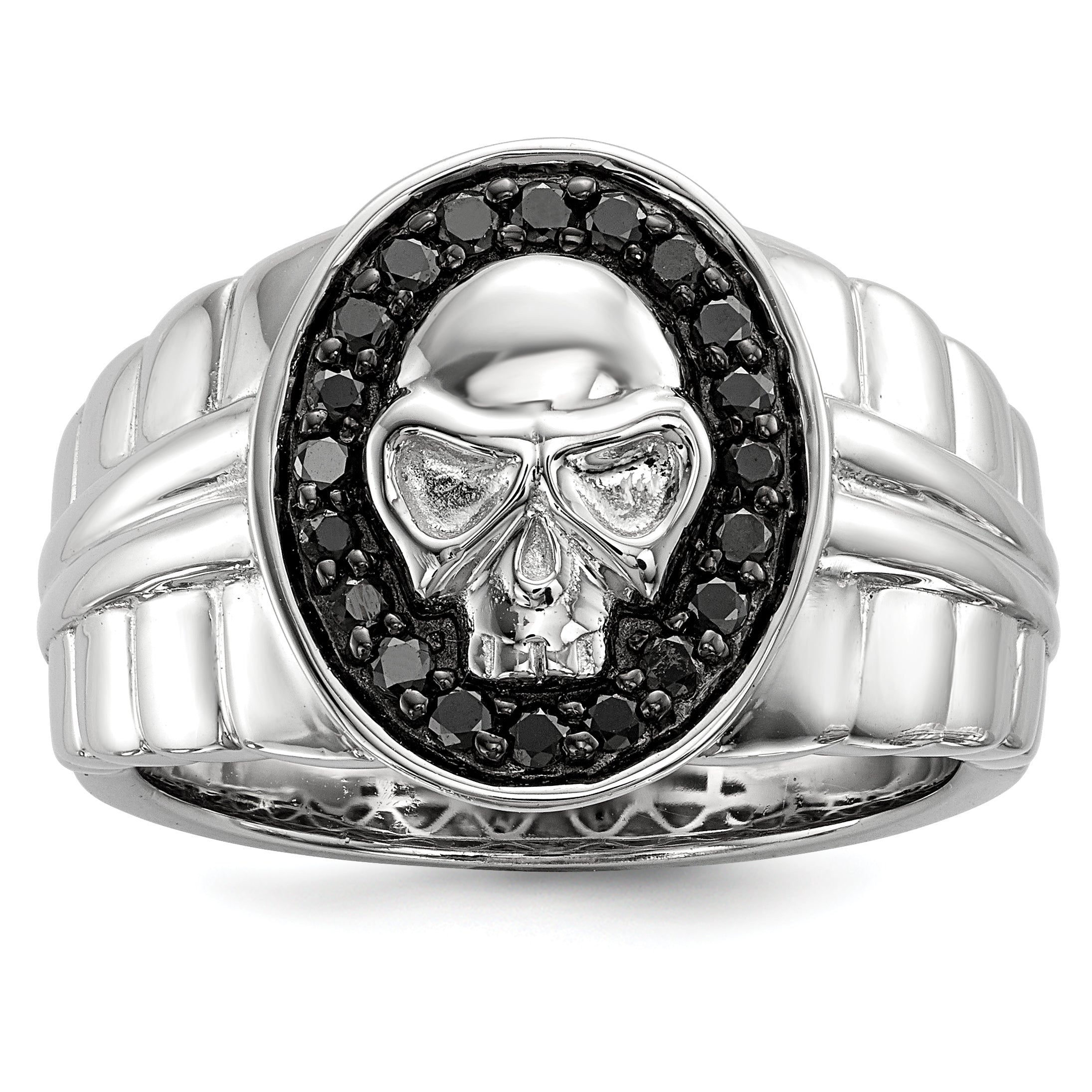 Sterlingsilber Weiß Nacht Rhodiniert Schwarz Diamant Oval Totenkopf Herren Ring