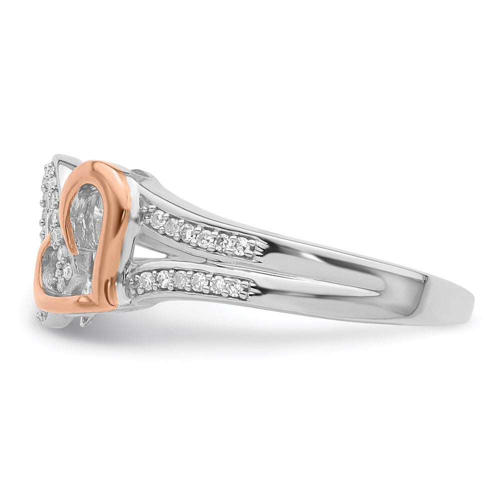 Sterlingsilber Rhodium & 14K Roségold Diamanten Zwei Herz Ring (size 7 Nur)