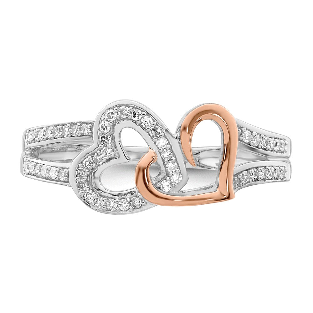 Sterlingsilber Rhodium & 14K Roségold Diamanten Zwei Herz Ring (size 7 Nur)