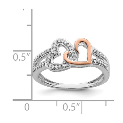 Sterlingsilber Rhodium & 14K Roségold Diamanten Zwei Herz Ring (size 7 Nur)