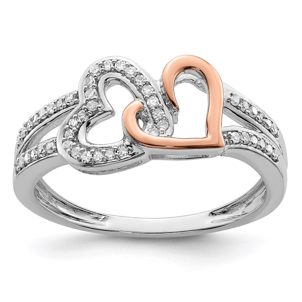 Sterlingsilber Rhodium & 14K Roségold Diamanten Zwei Herz Ring (size 7 Nur)