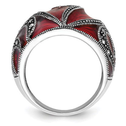 Sterlingsilber Poliert & Antikisiert Markasit Rot Epoxid Herz Ring (size 7 Nur)
