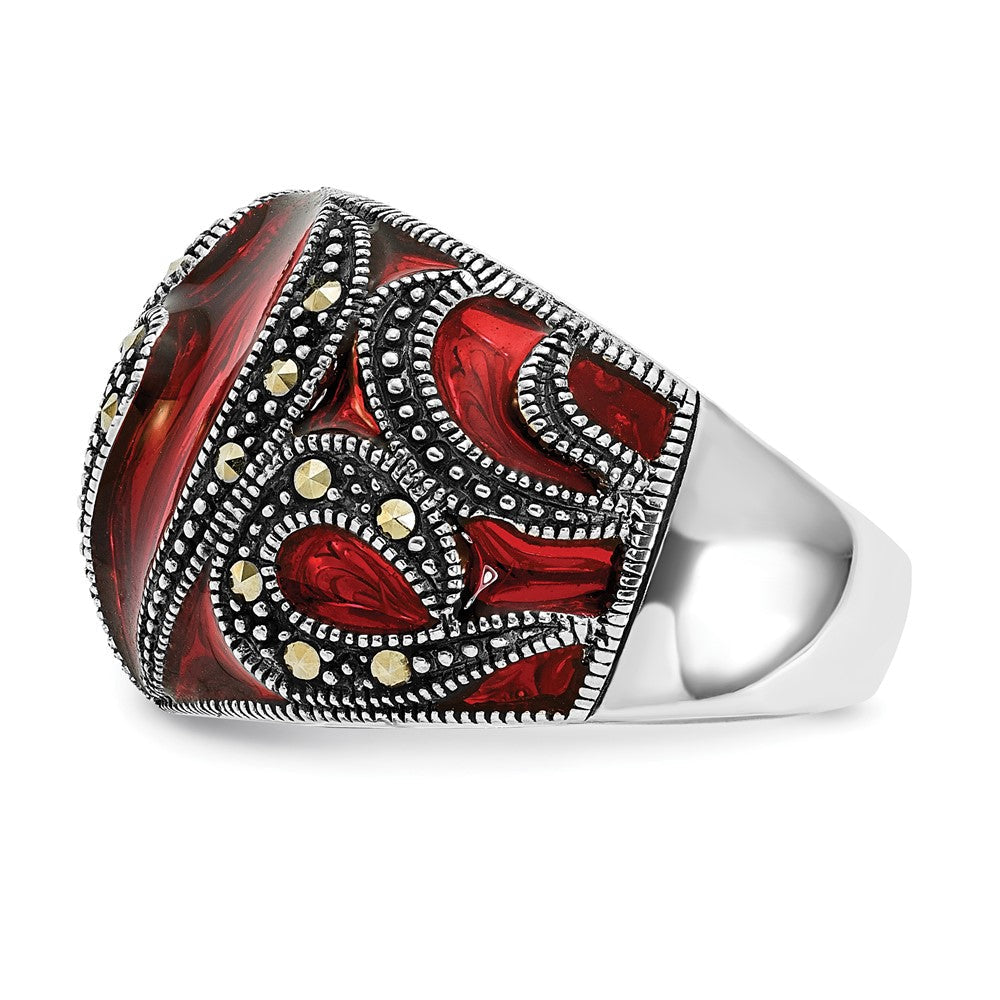 Sterlingsilber Poliert & Antikisiert Markasit Rot Epoxid Herz Ring (size 7 Nur)