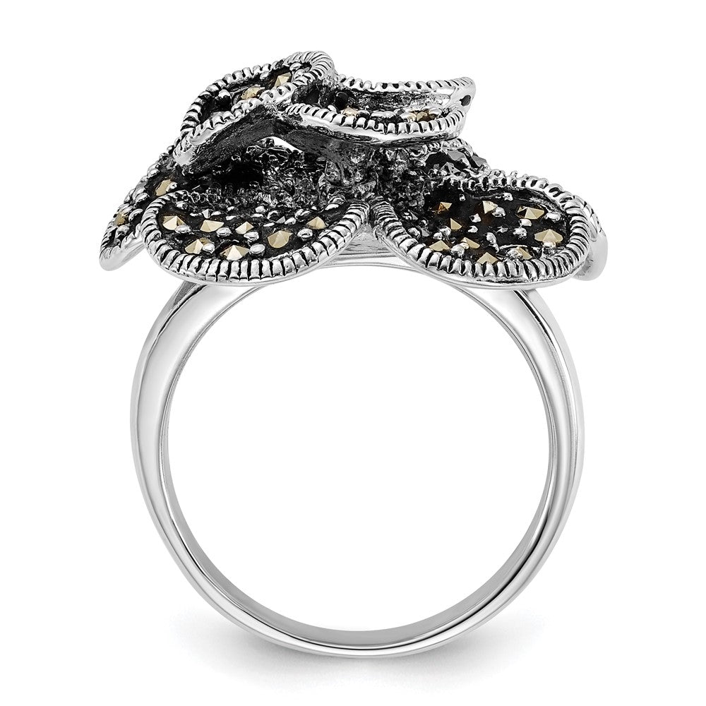 Sterlingsilber Poliert & Antikisiert Markasit Blume Ring