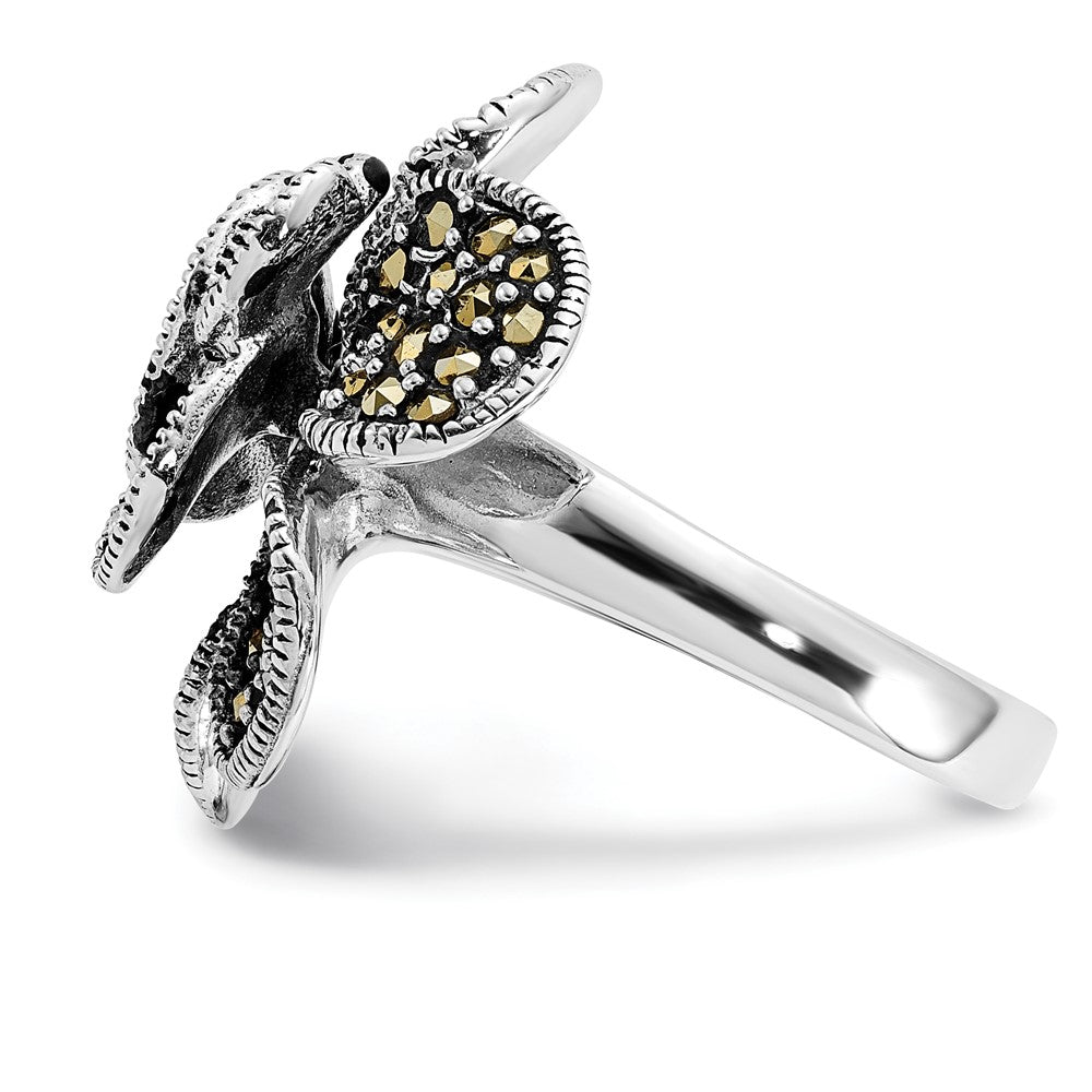 Sterlingsilber Poliert & Antikisiert Markasit Blume Ring