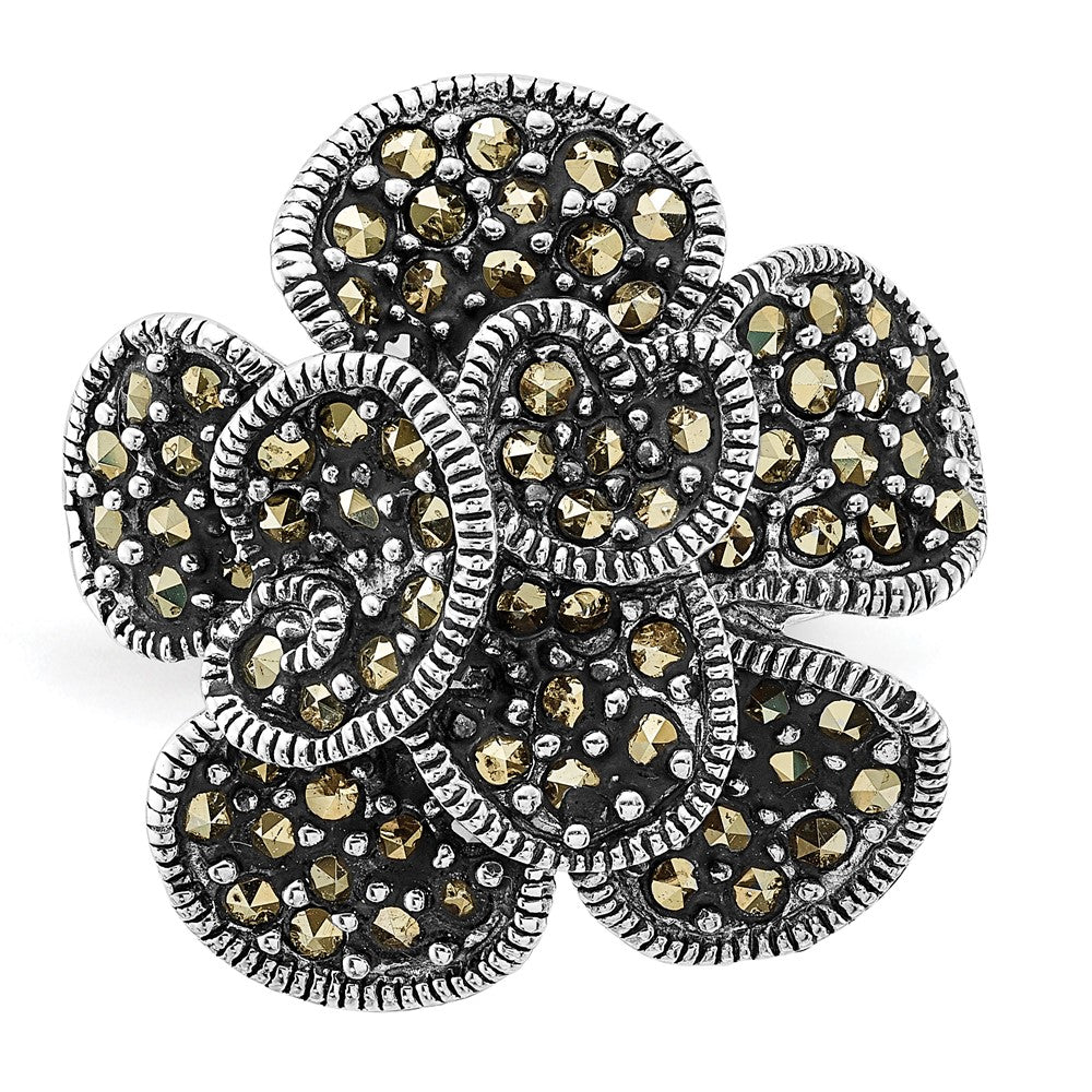 Sterlingsilber Poliert & Antikisiert Markasit Blume Ring