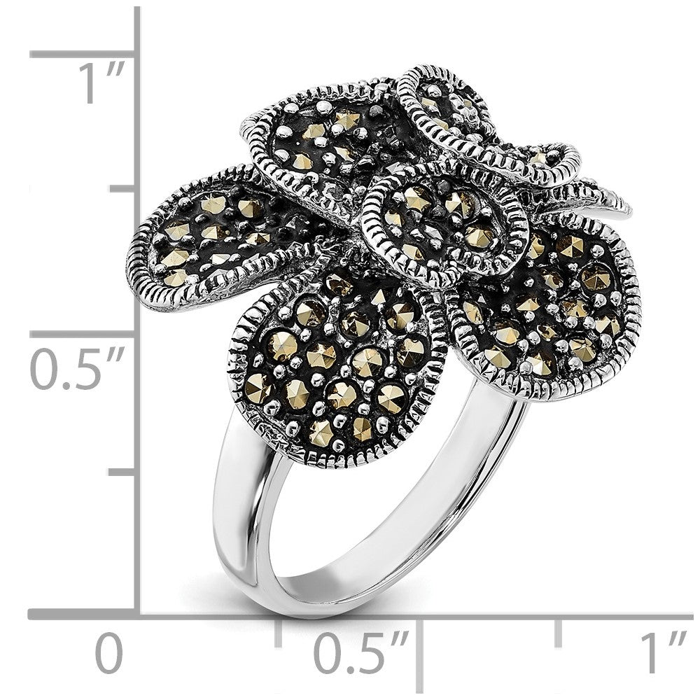 Sterlingsilber Poliert & Antikisiert Markasit Blume Ring