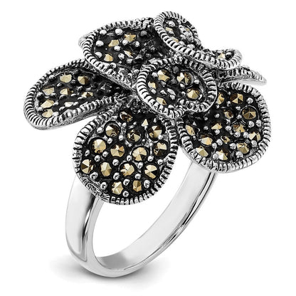 Sterlingsilber Poliert & Antikisiert Markasit Blume Ring