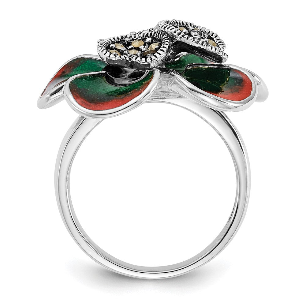 Sterlingsilber Poliert & Antikisiert Markasit Emaille Blume Ring
