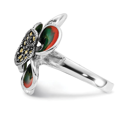 Sterlingsilber Poliert & Antikisiert Markasit Emaille Blume Ring