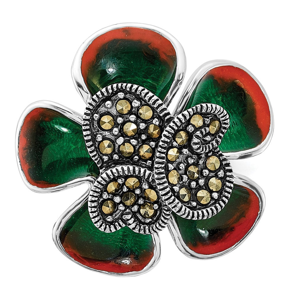 Sterlingsilber Poliert & Antikisiert Markasit Emaille Blume Ring