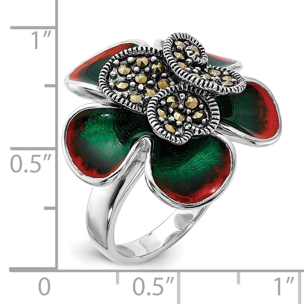 Sterlingsilber Poliert & Antikisiert Markasit Emaille Blume Ring