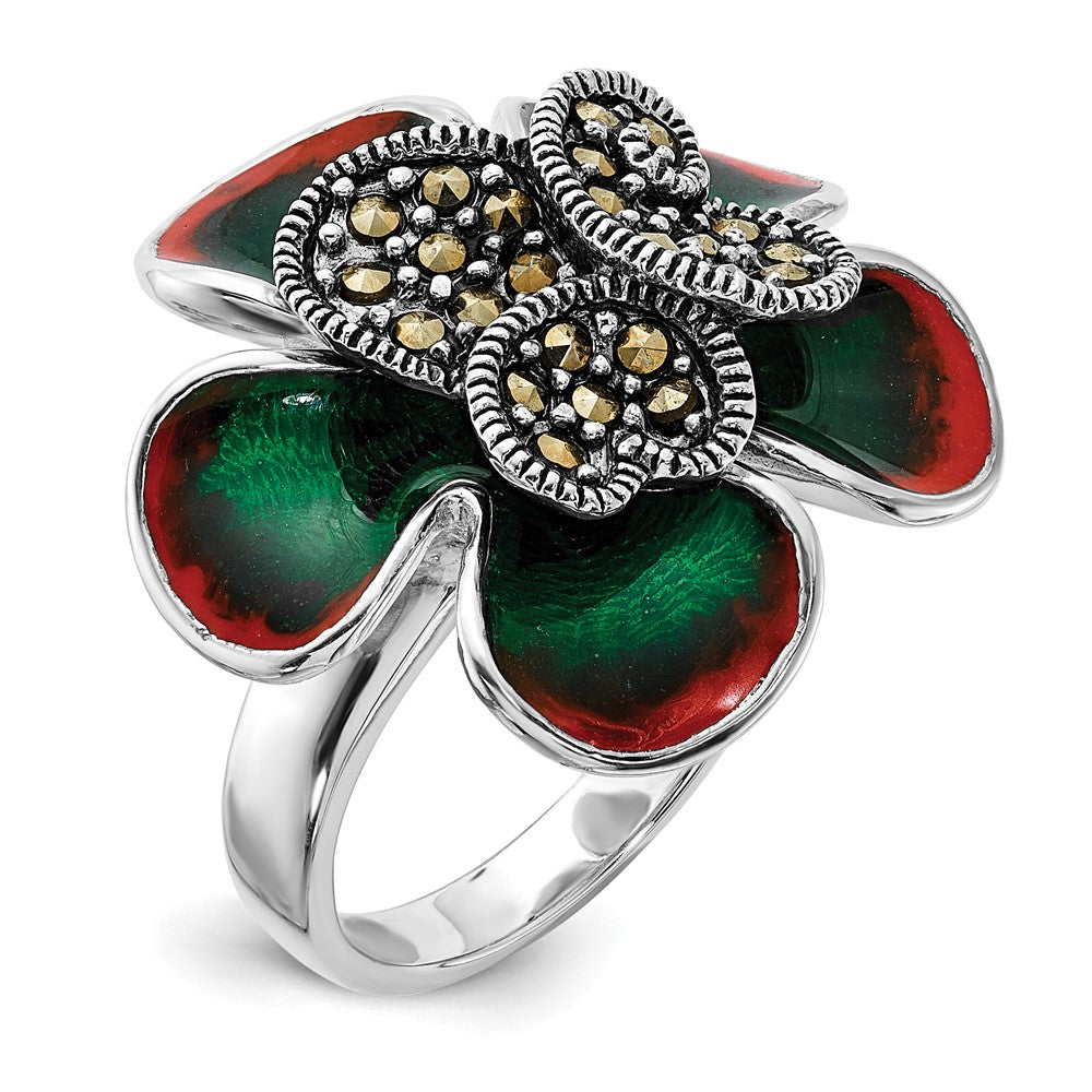 Sterlingsilber Poliert & Antikisiert Markasit Emaille Blume Ring