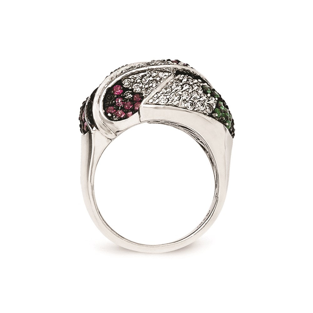 Sterlingsilber Ss Schwarz Rhodium Blau/grn Glas Lt & Drk Synth. Rubin Zirkonia Ring