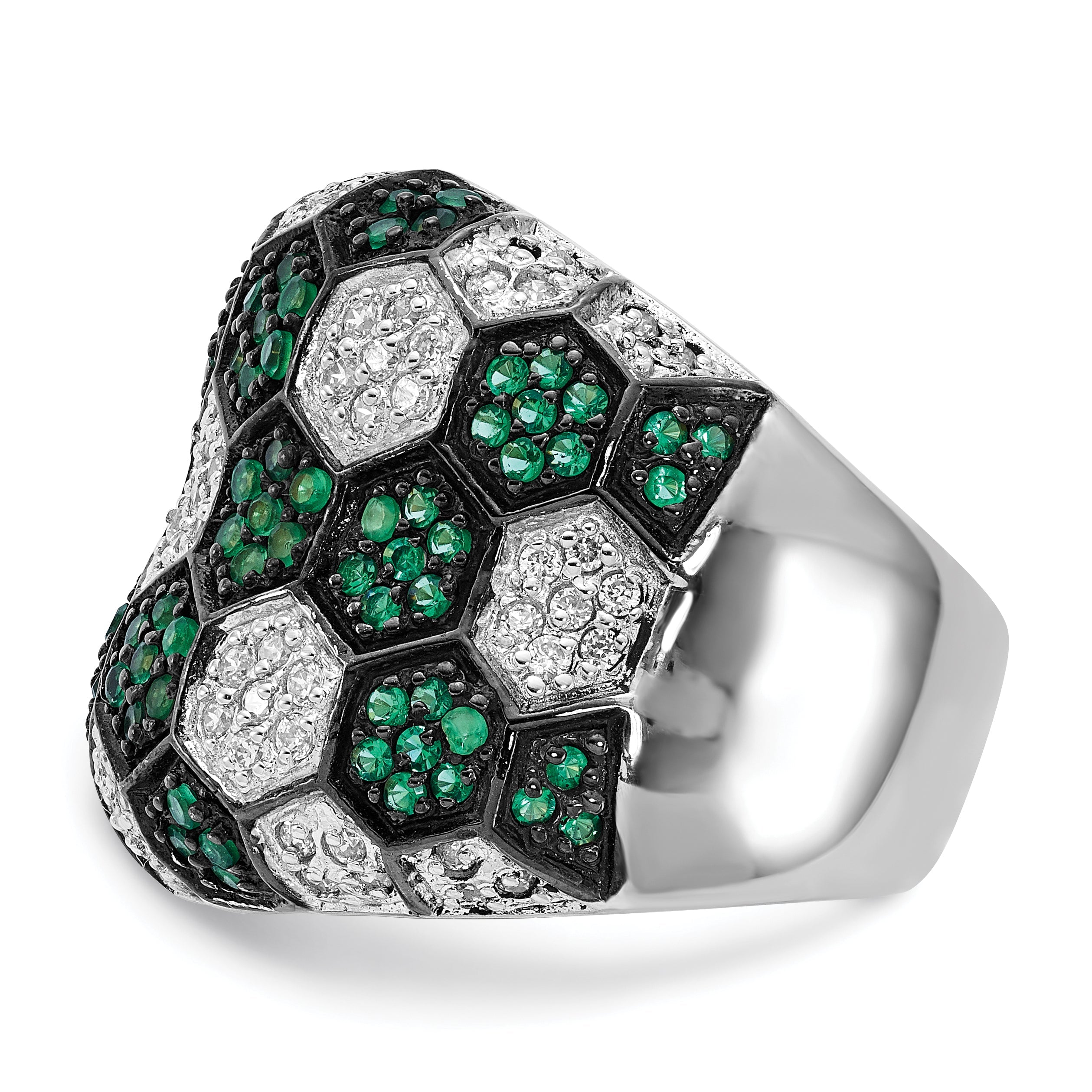 Sterlingsilber mit Schwarz Rhodium Grün Glas & Zirkonia Honeycomb Ring
