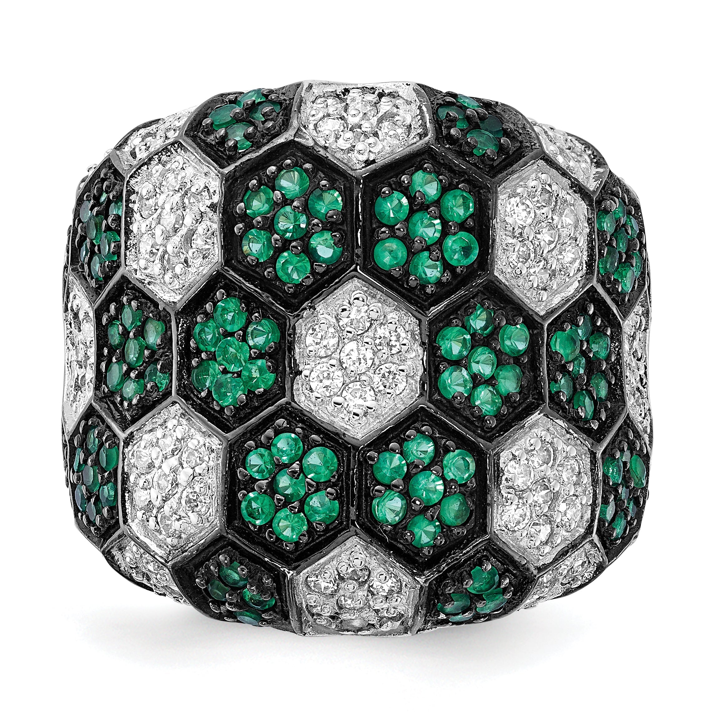 Sterlingsilber mit Schwarz Rhodium Grün Glas & Zirkonia Honeycomb Ring