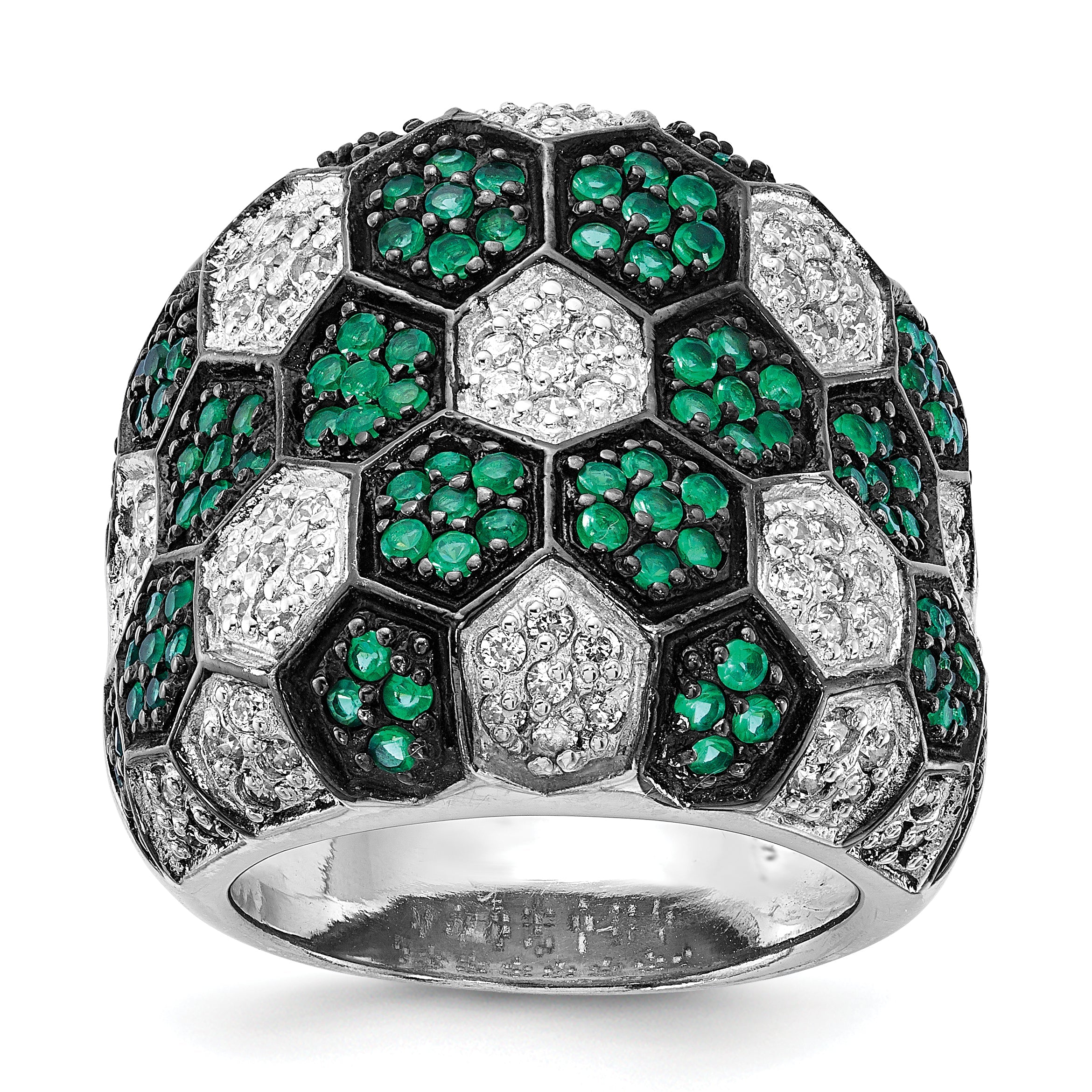 Sterlingsilber mit Schwarz Rhodium Grün Glas & Zirkonia Honeycomb Ring