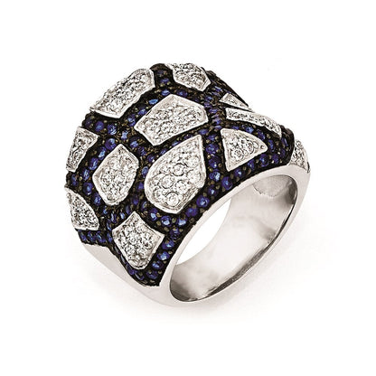 Sterlingsilber & Schwarz Rhodium Blau Glas Zirkonia Ring (size 6 Nur)
