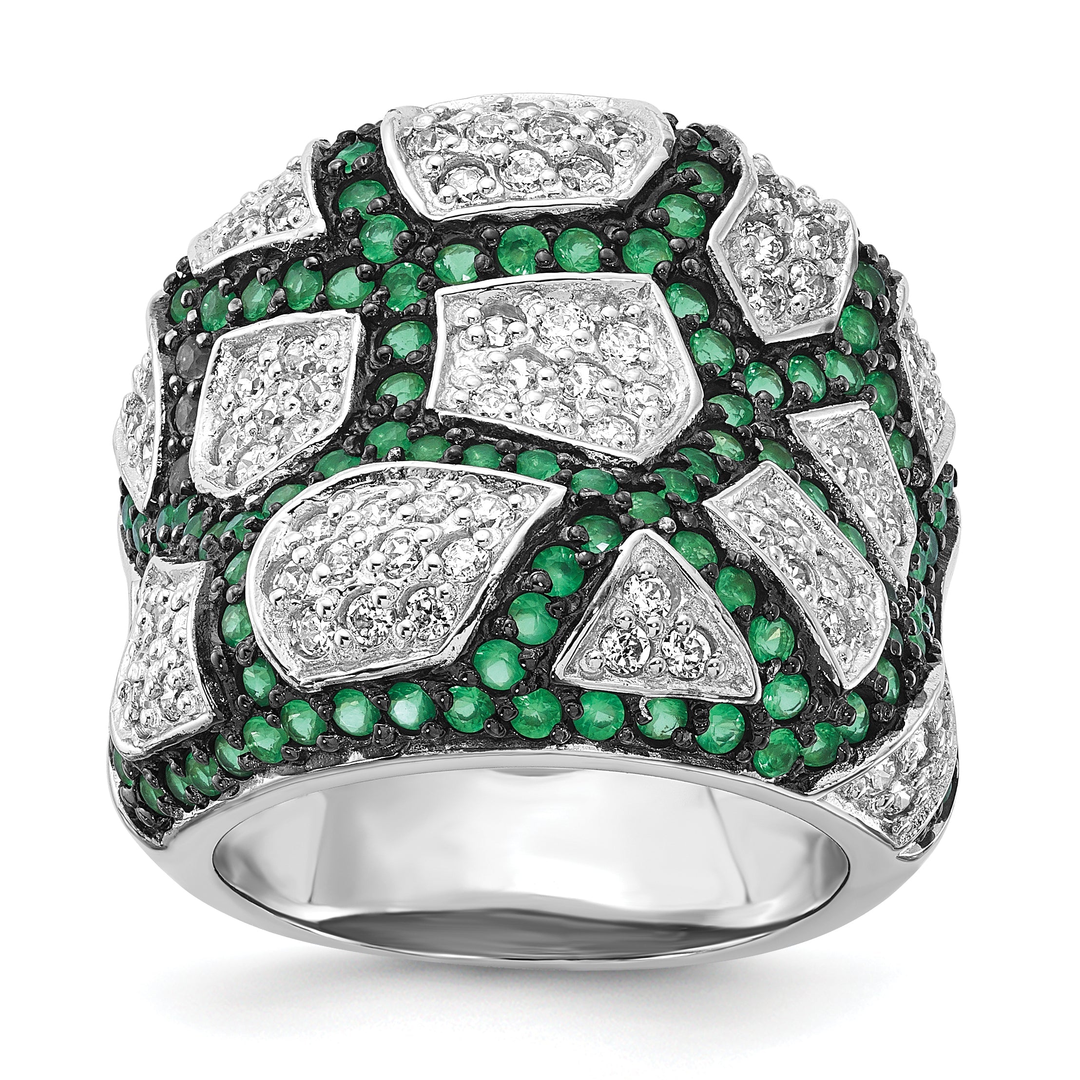 Sterlingsilber & Schwarz Rhodium Grün Glas Zirkonia Ring