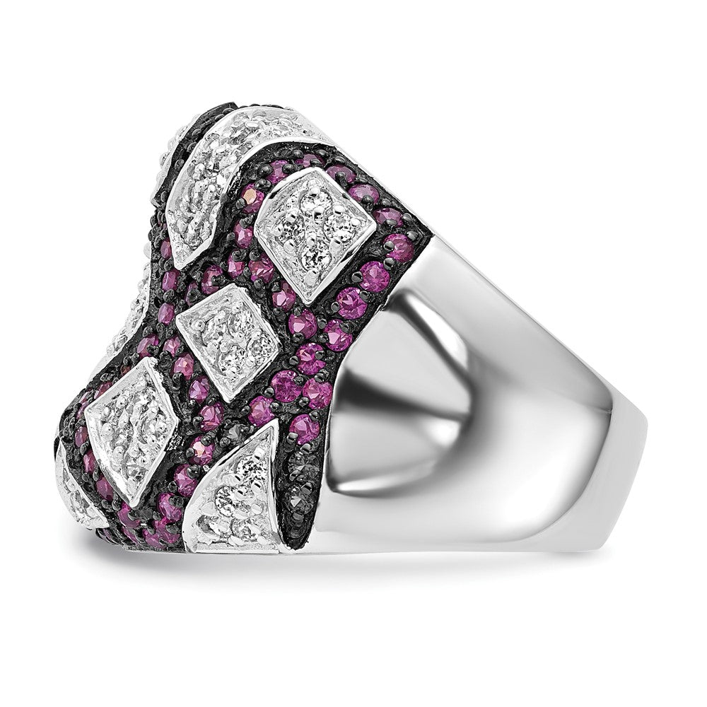 Sterlingsilber & Schwarz Rhodium Synthetisch Rubin Weiß Zirkonia Ring (size 8 Nur)
