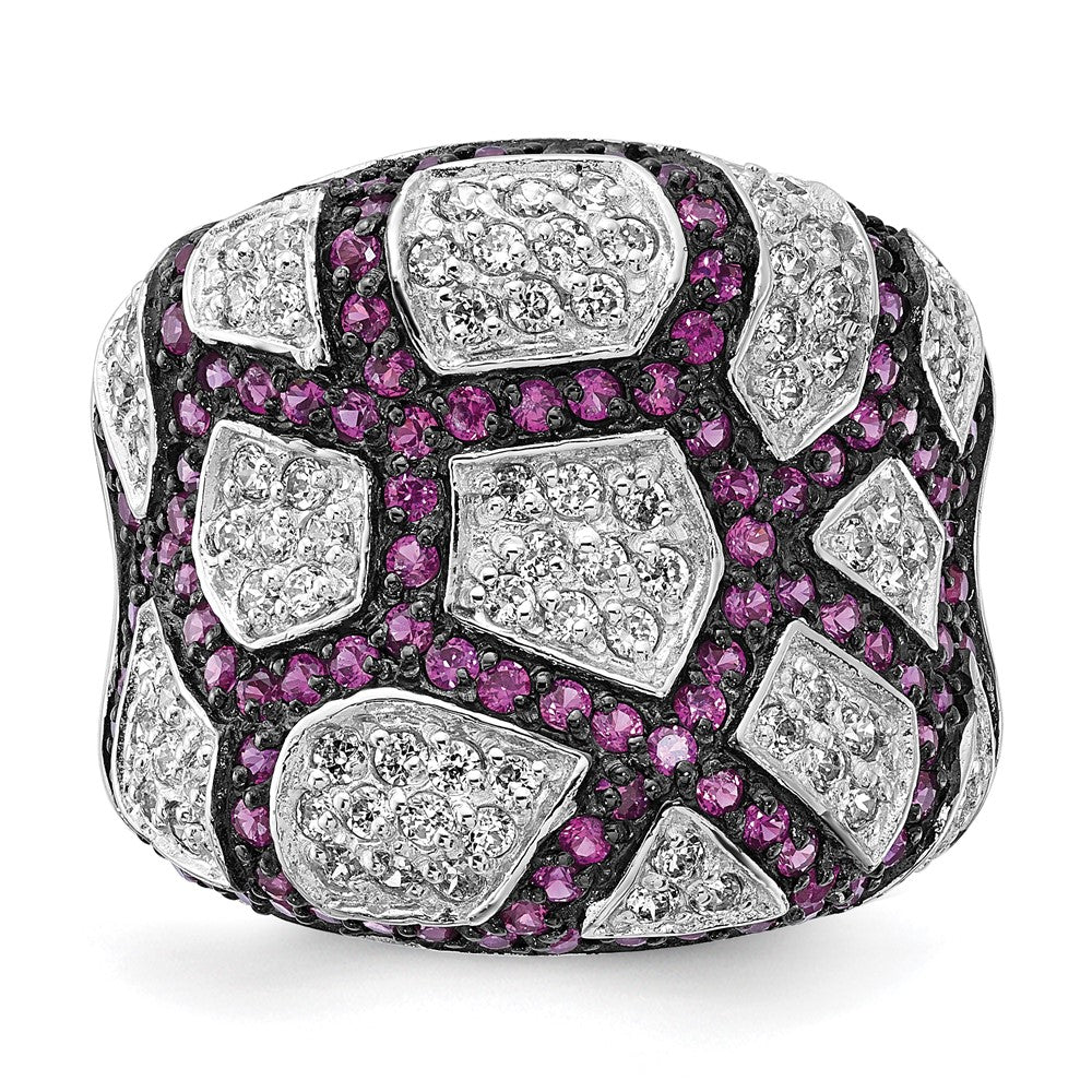 Sterlingsilber & Schwarz Rhodium Synthetisch Rubin Weiß Zirkonia Ring (size 8 Nur)