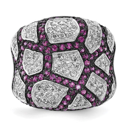 Sterlingsilber & Schwarz Rhodium Synthetisch Rubin Weiß Zirkonia Ring (size 8 Nur)