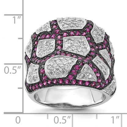 Sterlingsilber & Schwarz Rhodium Synthetisch Rubin Weiß Zirkonia Ring (size 8 Nur)
