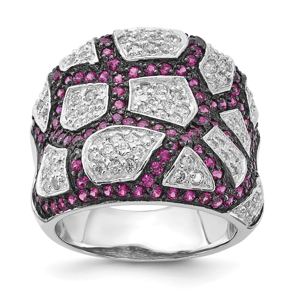 Sterlingsilber & Schwarz Rhodium Synthetisch Rubin Weiß Zirkonia Ring (size 8 Nur)