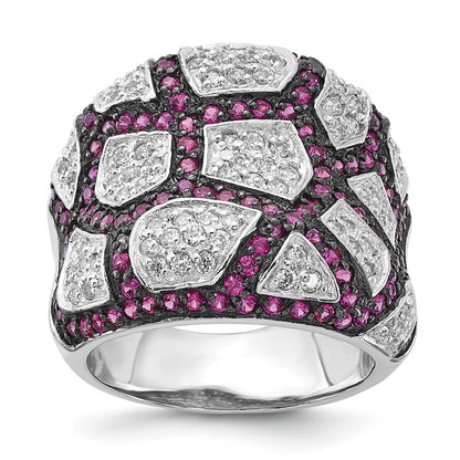 Sterlingsilber & Schwarz Rhodium Synthetisch Rubin Weiß Zirkonia Ring (size 8 Nur)
